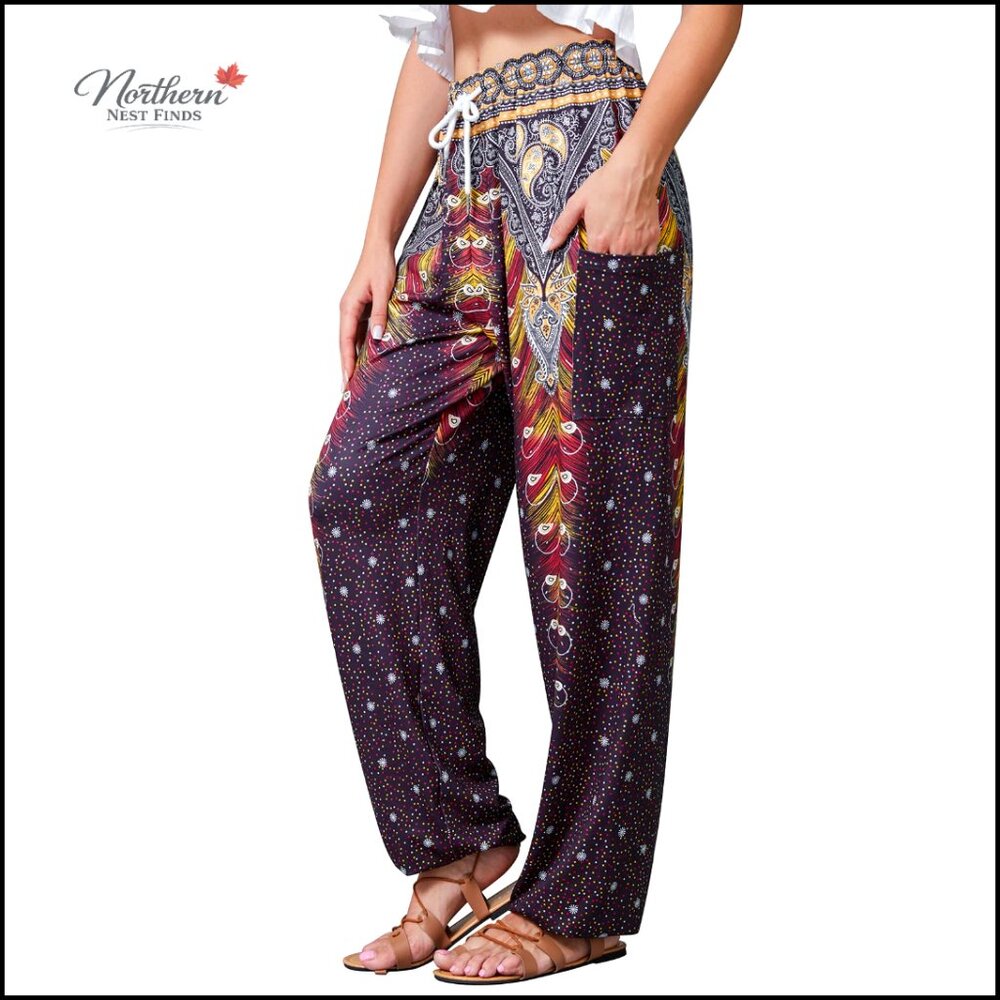 Harem Palazzo Pants Yoga Joggers with Pockets Elastic Waist